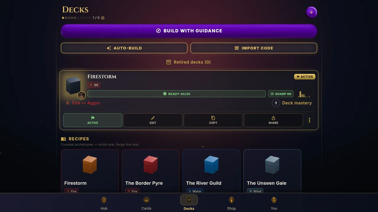 The Decks screen with the Firestorm starter deck
