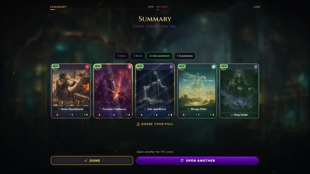 The pack summary after opening a Standard Pack