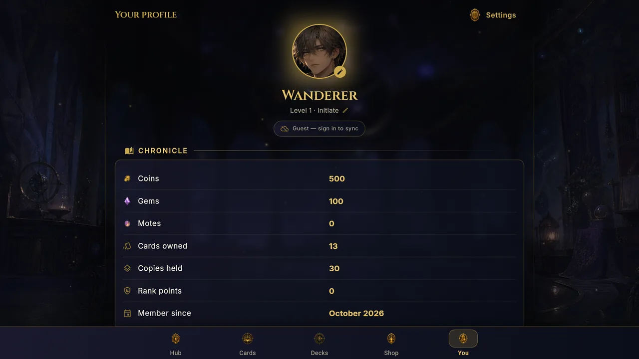 Profile screen showing starting coins, gems and cards