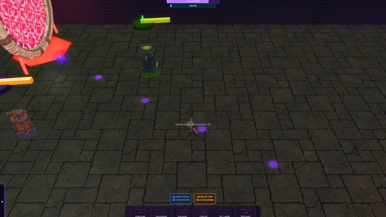 Gobby's Portal gameplay: a top-down 3D action tower defense view on a cobblestone arena, a hero centered with towers nearby and a glowing pink portal at the edge.